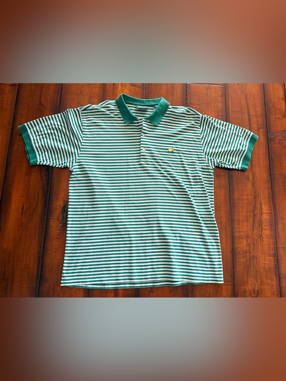 Masters Green & White Striped Polo with Yellow Chest Emblem